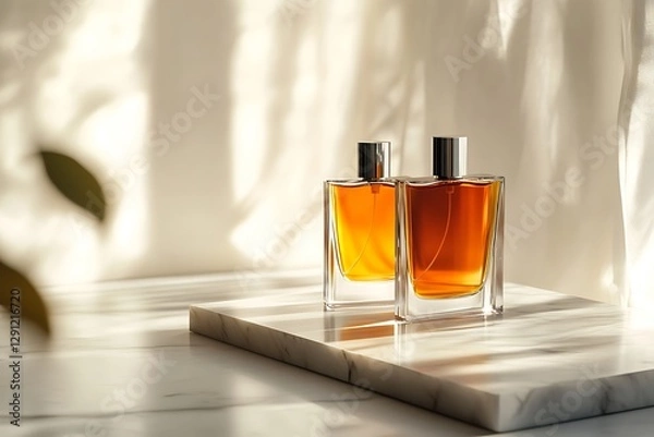 Fototapeta Luxury Amber Perfume Bottles on Marble Display