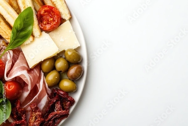 Obraz Colorful arrangement of cheeses, meats, olives, and dried tomato