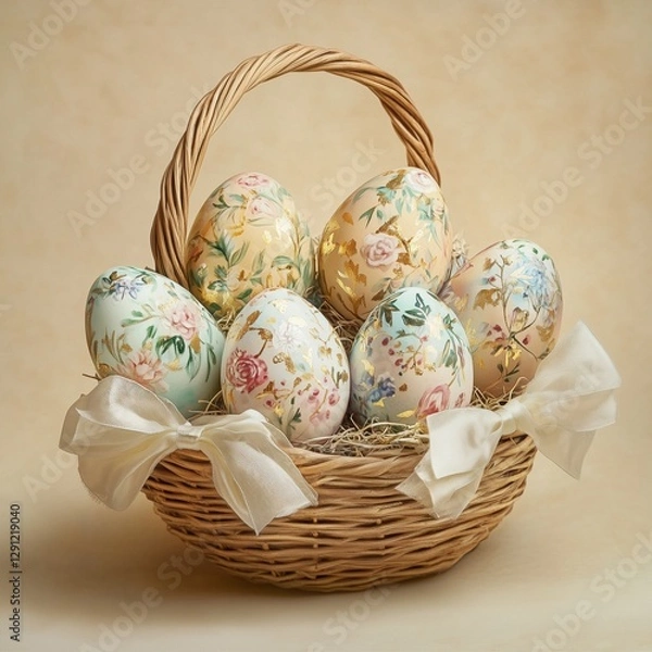 Obraz Floral hand-painted Easter eggs in wicker basket