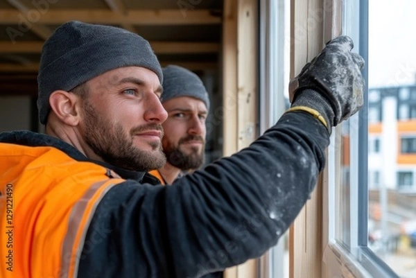 Fototapeta Two construction workers are focused on fitting windows into a new building, showcasing teamwork and craftsmanship in the modern construction landscape.