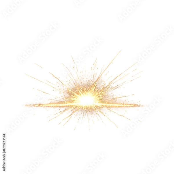 Fototapeta Golden light burst with flying sparks isolated on transparent background PNG