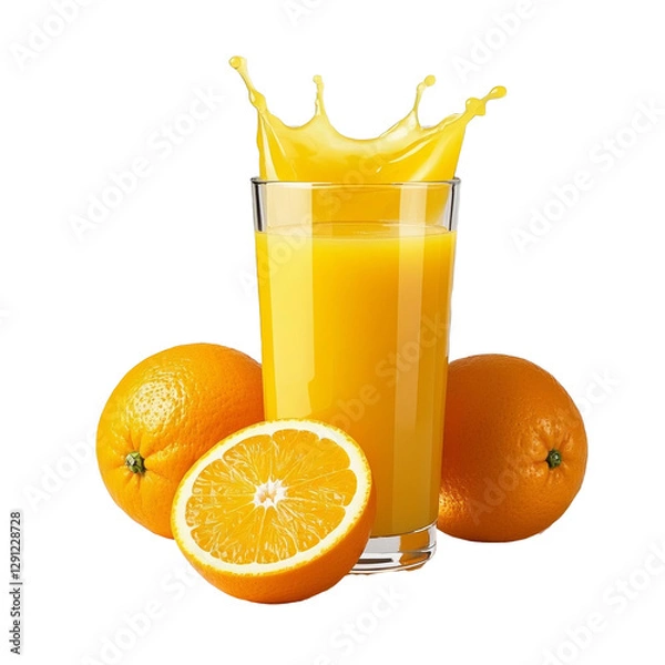 Obraz Splash in orange juice glass with orange slices on transparent background