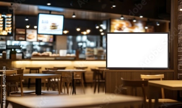 Fototapeta blank white digital signage screen in the middle of an American fast-food restaurant, with wooden tables and chairs around it. The background is blurred, showing other parts inside the store.
