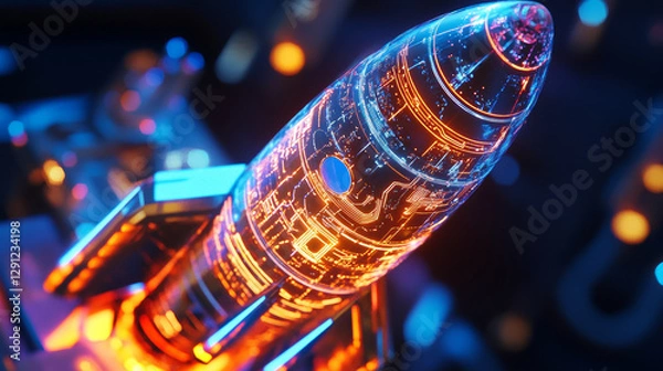 Fototapeta Rocket launch simulation space station 3d model futuristic environment close-up view high-tech concept