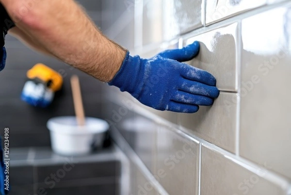 Fototapeta A close-up reveals a worker applying finishing touches to a tiled wall, emphasizing the attention to detail and artistic effort involved in quality tile installation.