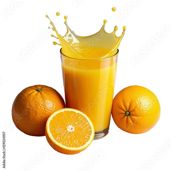Obraz Splash in orange juice glass with orange slices on transparent background