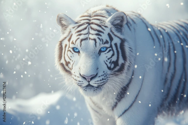 Fototapeta A majestic white tiger standing in a snowy landscape, its piercing blue eyes staring intensely. Snowflakes gently fall around the powerful creature, adding to the mystique.