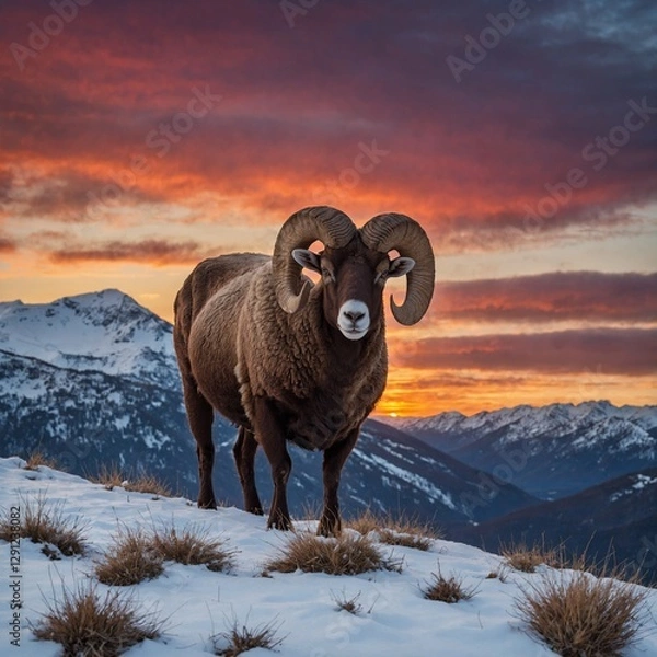 Fototapeta A lone ram standing on a snowy peak under a vibrant sunset sky.