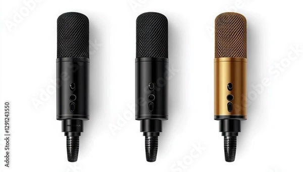 Fototapeta Three studio microphones, black and gold, on white background