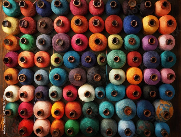 Fototapeta Vibrant assortment of colorful threads displayed on spools
