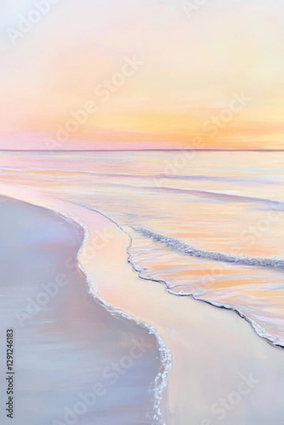 Obraz Illustration of a calm beach at sunrise, with soft pastel colors of pink, orange, and lavender reflecting off the water. Gentle waves lap at the shore, creating a sense of serenity and quiet beauty in
