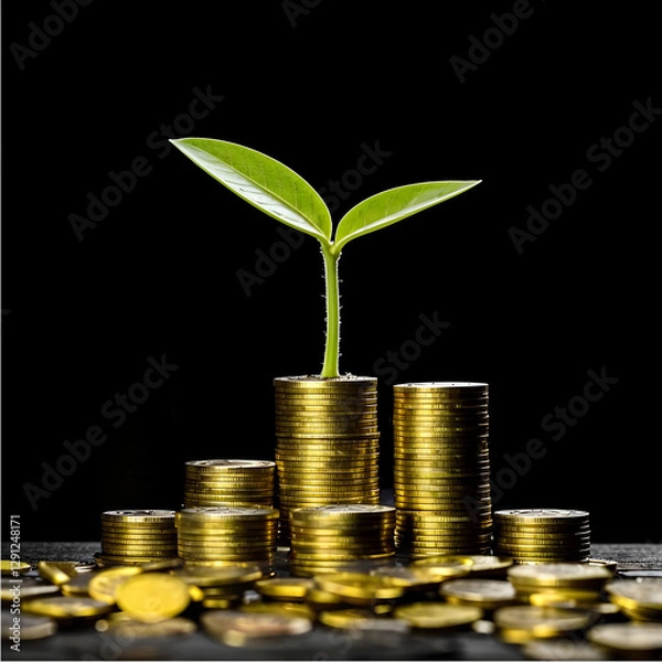 Fototapeta gold coins are piled and one of them has a green sprout growing. profit of your business.