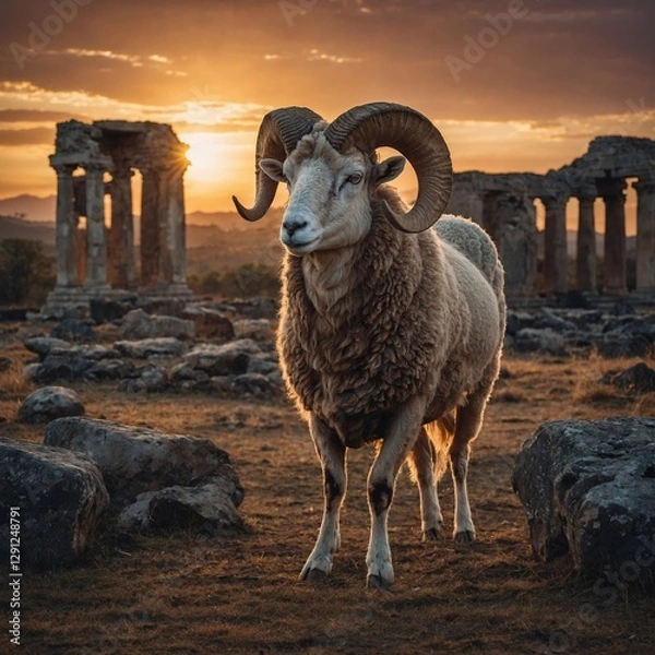 Obraz A majestic ram standing among ancient ruins during a glowing sunset.