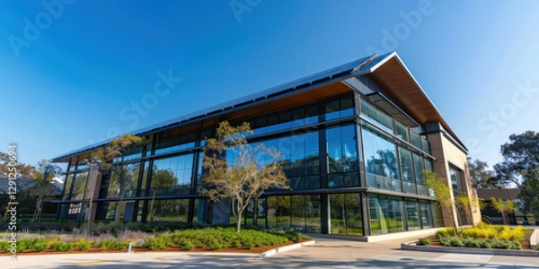 Fototapeta A commercial building utilizing solar roof shingles, with panels doubling as both energy sources and architectural elements