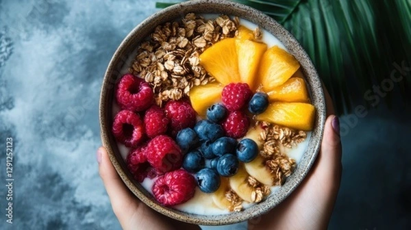 Fototapeta A Vibrant Smoothie Bowl: A hand-held smoothie bowl overflowing with a colorful medley of fresh fruits and granola, presented with an appealing aesthetic appeal.