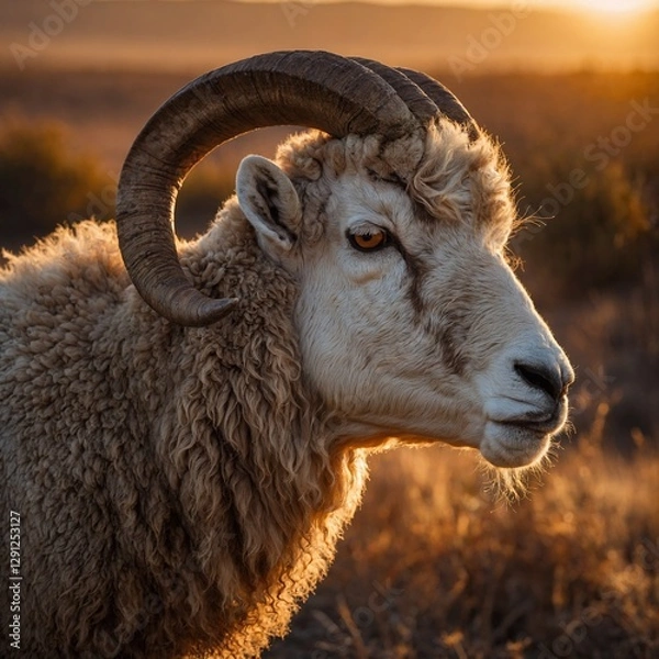 Fototapeta A close-up of a ram’s horns glowing under a warm sunset light.