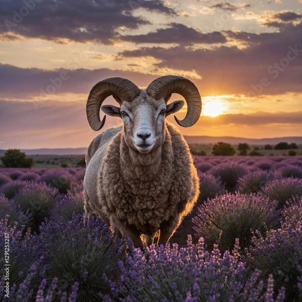 Fototapeta A ram in a lavender field with the sun dipping below the horizon.