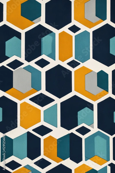 Fototapeta A geometric pattern featuring repeating hexagons in shades of teal, navy blue, and mustard yellow. The clean lines and vibrant colors give the design a modern, yet retro feel, perfect for fashion or