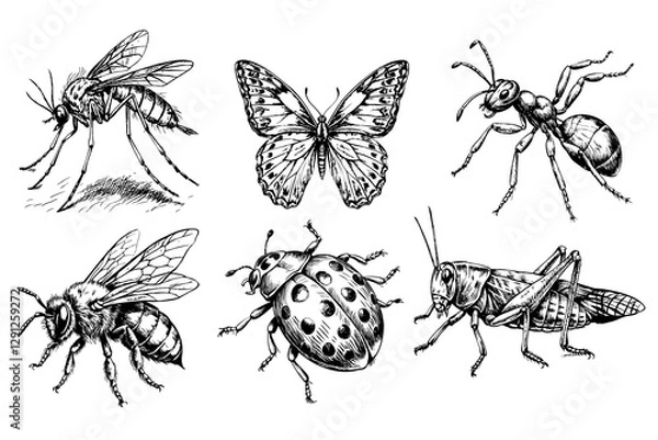 Obraz A black and white drawing of six insects