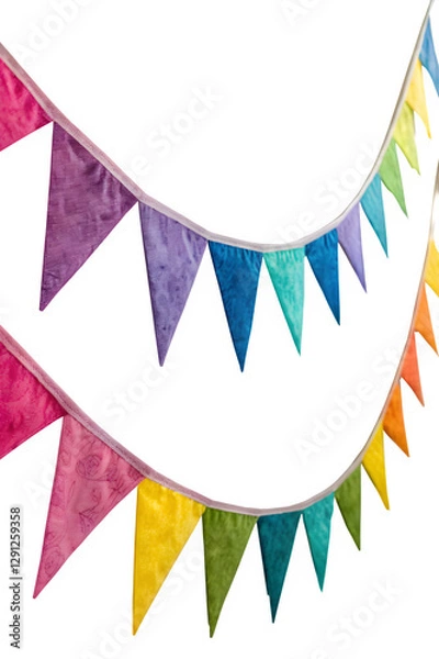 Obraz Row of triangular bunting flags in vibrant Holi colors, hanging in a slightly curved formation on a white background.
