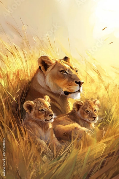 Fototapeta Illustration of a lioness and her cubs resting in the tall grass of the savanna, with the warm sun casting a soft glow over the scene. The peaceful family moment evokes a sense of tenderness and