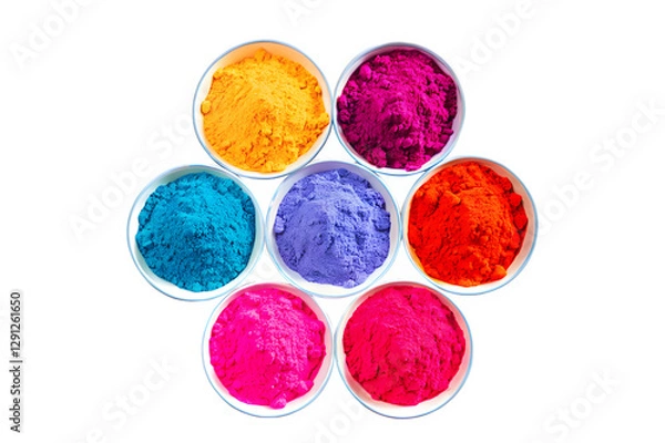 Obraz Top-down view of multiple round plates filled with vibrant Gulal powders, neatly arranged in a circular pattern on a white background.
