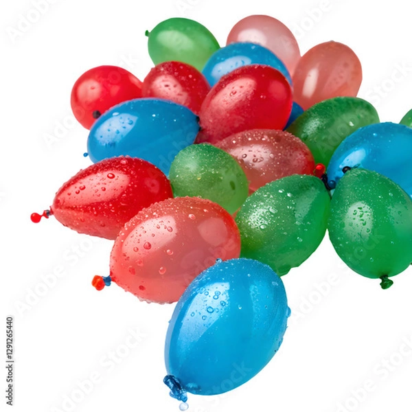 Obraz Realistic, glossy water balloons filled with vibrant colored water in red, blue, and green, scattered randomly on a white background.
