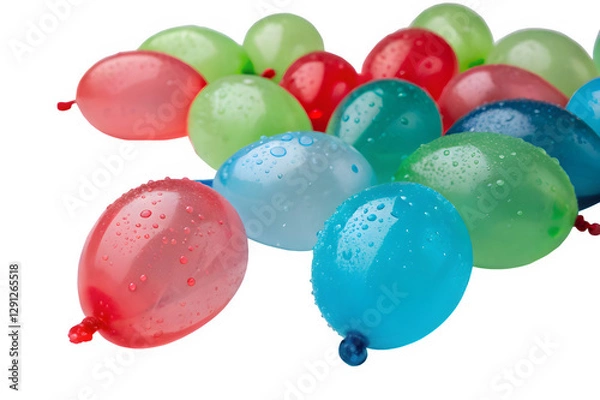 Obraz Realistic, glossy water balloons filled with vibrant colored water in red, blue, and green, scattered randomly on a white background.
