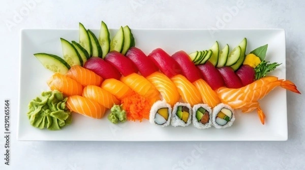 Fototapeta A sushi platter arranged in the shape of a dragon, vibrant ingredients forming an artistic presentation