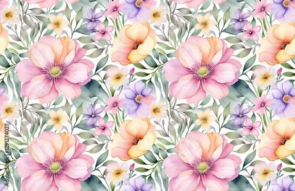 Fototapeta Watercolor Floral Pattern, Seamless Tiled Design