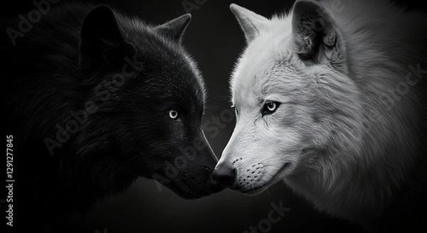 Fototapeta A black wolf and a white wolf facing each other
