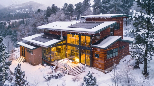 Fototapeta A modern home utilizing solar-powered heating, with visible rooftop panels and a cozy interior during a snowy winter