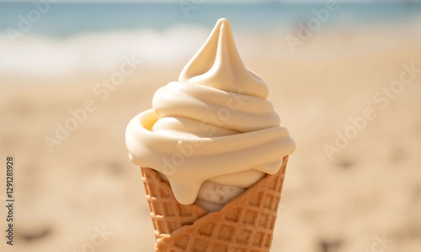 Fototapeta A single scoop of creamy vanilla ice cream in a waffle cone slightly melting under warm golden sunlight