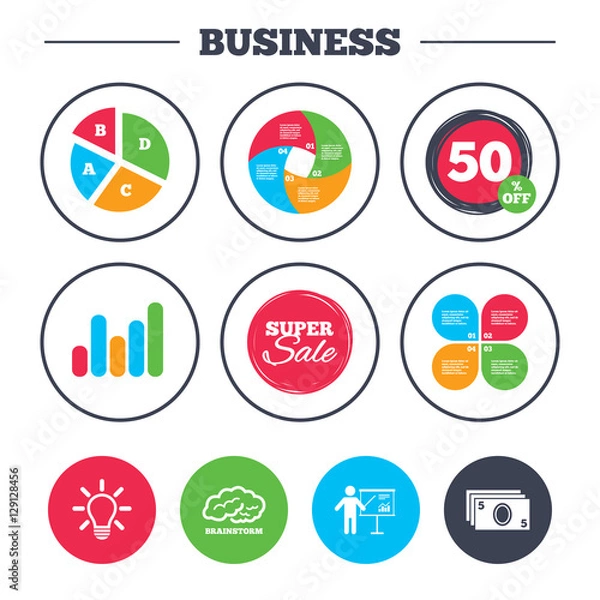 Fototapeta Business pie chart. Growth graph. Presentation billboard, brainstorm icons. Cash money and lamp idea signs. Man standing with pointer. Scheme and Diagram symbol. Super sale and discount buttons