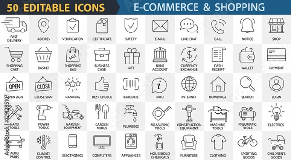 Fototapeta E-commerce and shopping icons. Set of 50 editable vector line icons. Business symbols: payment, cart, delivery and marketing  for web design, app, templates. E-Commerce icons with linear stroke.