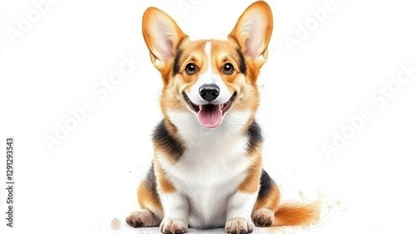 Obraz Adorable Corgi Dog Sitting with Happy Expression on White Background