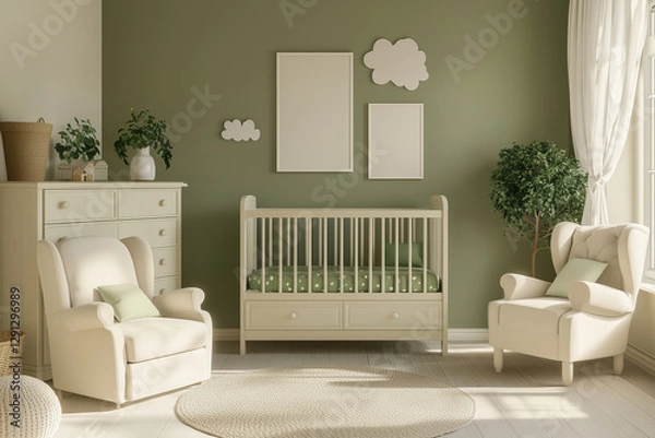 Fototapeta A minimalist scandi-style children's bedroom with green walls, empty vertical photo frames, and a cozy bed, ideal for creating personalized posters or artwork. Mockup.