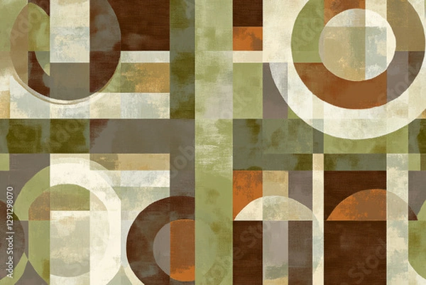 Fototapeta Illustration of a dynamic pattern of overlapping squares and circles in earthy tones of brown, green, and beige. The harmonious design evokes a sense of balance and peace, making it suitable for