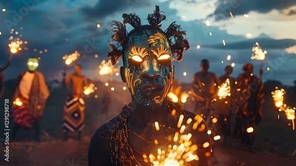 Obraz A surreal African festival where glowing masks and radiant tribal dances celebrate under a twilight sky