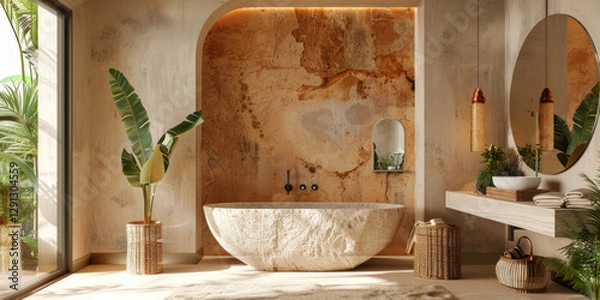 Obraz Biophilic-inspired decor incorporating natural elements, earthy colors, and indoor plants for a refreshing look