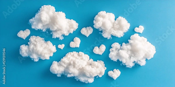 Fototapeta Whimsical Cotton-Like Clouds Arranged In Heart Shapes Against Vibrant Blue Background Creating Playful Romantic Atmosphere