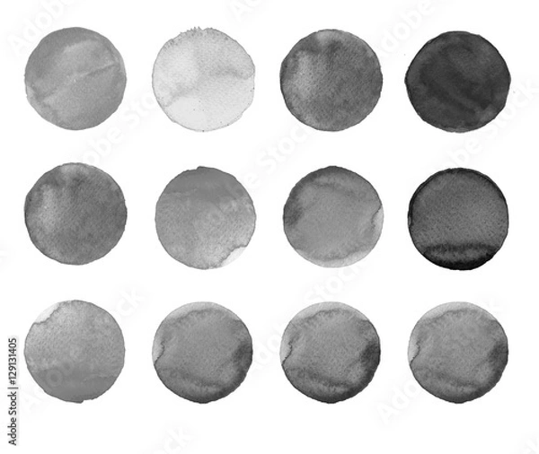 Fototapeta Set of colorful watercolor hand painted circle isolated on white. Illustration for artistic design. Round stains, blobs