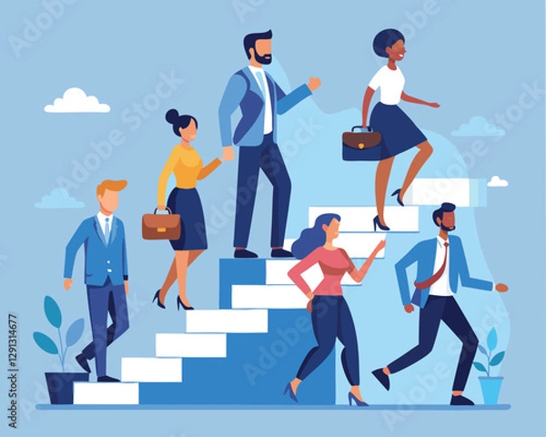 Fototapeta A vector illustration in flat style showing a group of diverse people in business outfits walking up the steps, following a leader who is looking ahead. The people are diverse in terms of gender and e