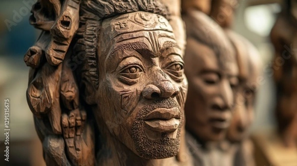 Fototapeta Intricate wooden sculpture of a man's face with detailed carvings, showcasing craftsmanship and artistry