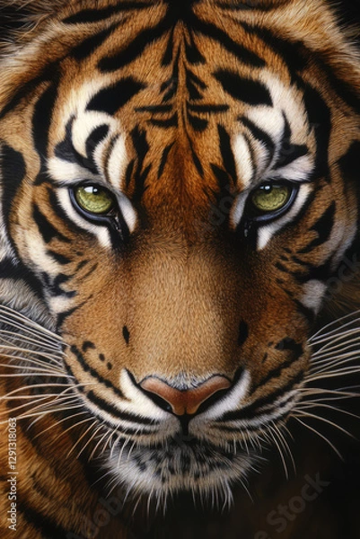 Fototapeta A highly detailed, close up portrait of a Bengal tiger staring directly at the viewer. The golden orange fur contrasts sharply with the bold black stripes, and the intensity of its piercing green eyes