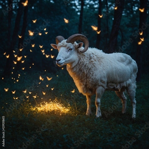 Fototapeta A magical scene of a glowing white ram surrounded by floating fireflies at dusk.