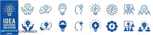 Fototapeta Idea icon set. Creative, business, solution, brainstorming, innovation, Lightbulb, brain, meeting, thinking and management. Editable stroke icons collection vector illustration. 
