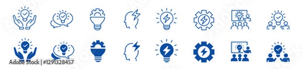 Fototapeta Idea icon set. Creative, business, solution, brainstorming, innovation, Lightbulb, brain, meeting, thinking and management. Editable stroke icons collection vector illustration. 