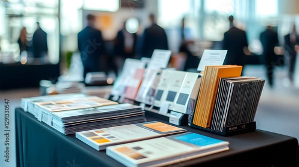 Fototapeta A display of notebooks, brochures, and printing materials set on a table at a professional event, with attendees in the background.