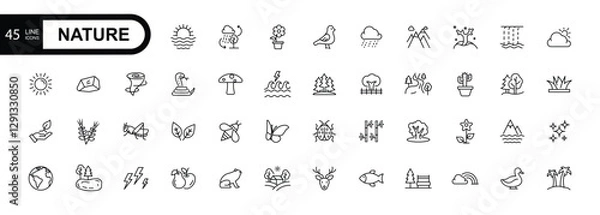 Obraz Nature line editable stroke icons related to sun, sea, forest and mountain collection. Simple vector illustration.